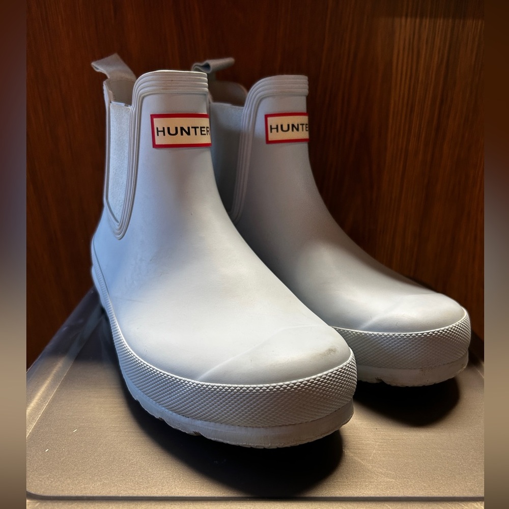 Hunter White Chelsea Rain Boots with Red Logo